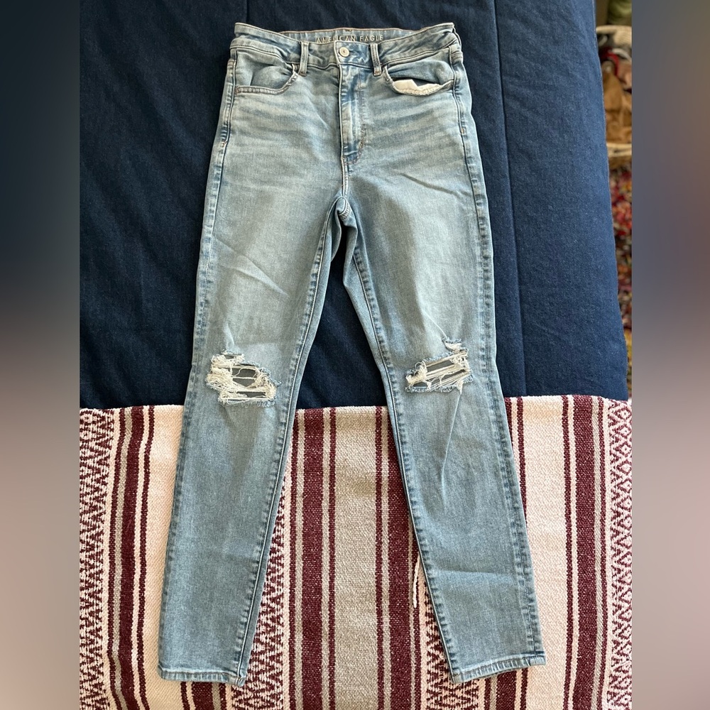 American Eagle Blue Skinny Jeans with Distressed Details Next Level Stretch